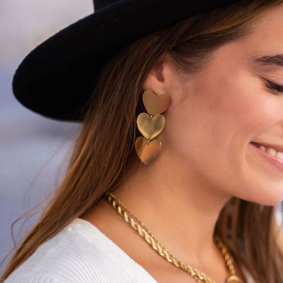 Gold-Plated Triple Heart Drop Earrings – A Bold Statement of Love and Remembrance