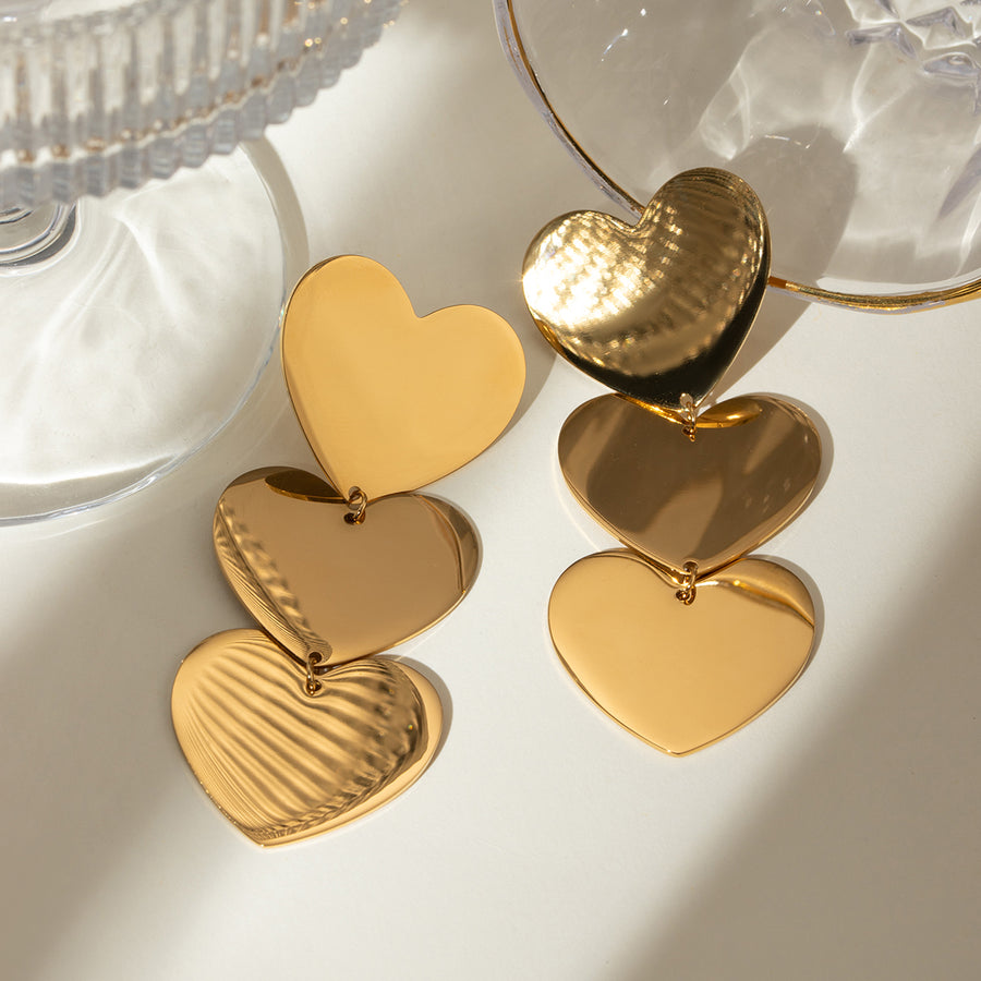 Gold-Plated Triple Heart Drop Earrings – A Bold Statement of Love and Remembrance