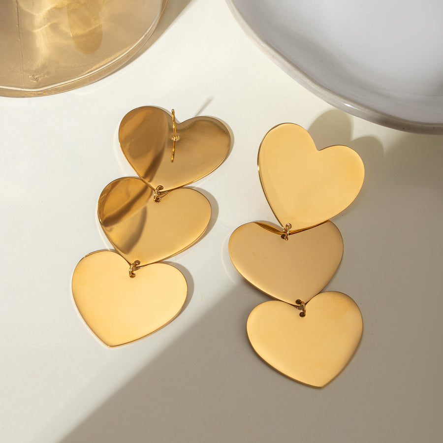 Gold-Plated Triple Heart Drop Earrings – A Bold Statement of Love and Remembrance